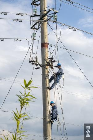 18、2023年8月25日，电力抢修人员冒着高温更换10千伏旺角线避雷器。（何华文）