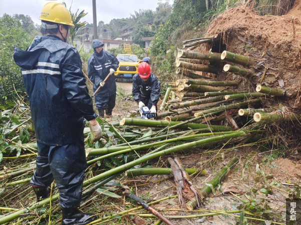 大业供电所抢修人员正在砍除塌方倒伏的竹木
